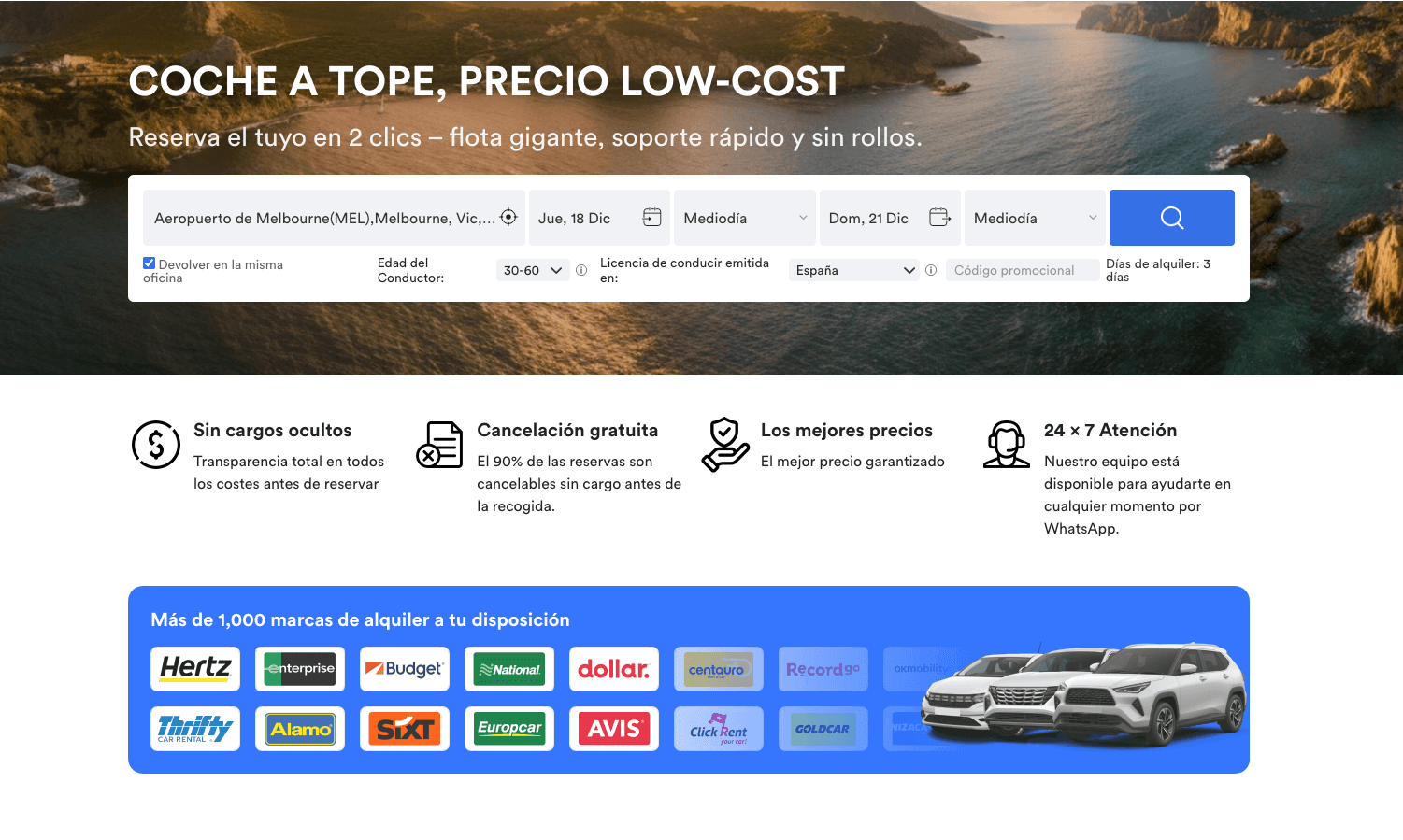 Interfaz de búsqueda de alquiler de coches